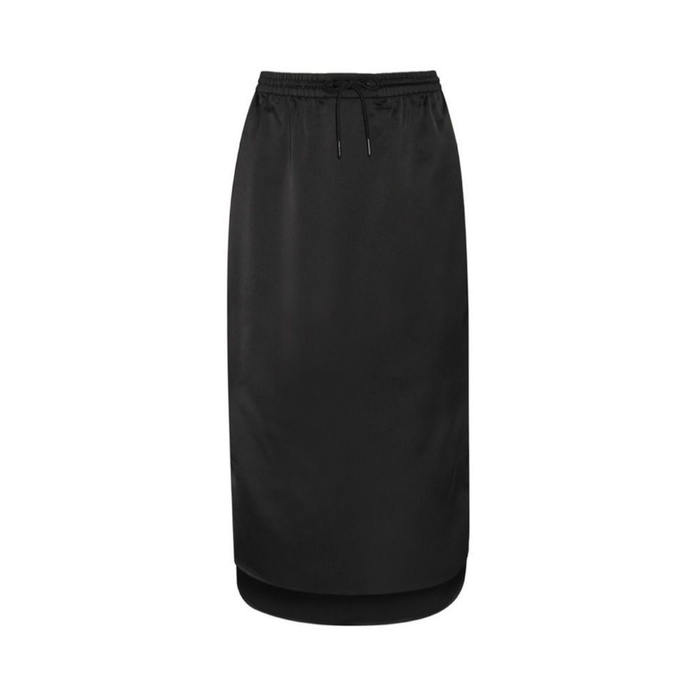 T BY ALEXANDER WANG Asymmetric Black Satin Drawstring Midi Skirt